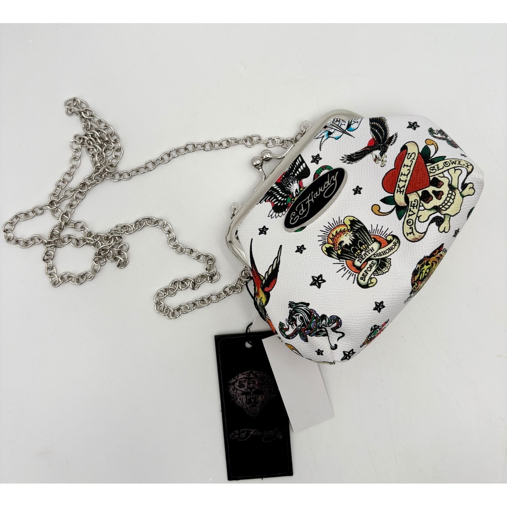 Ed Hardy White Tattoo‎ Print Kiss Clasp Coin Purse Evening Bag With Chain